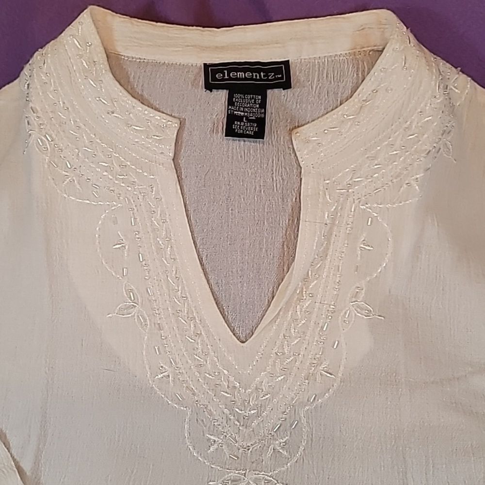0716. EUC ~ Elementz ~ Large ~ White Beaded Gauze ~ 100 % Cotton ~